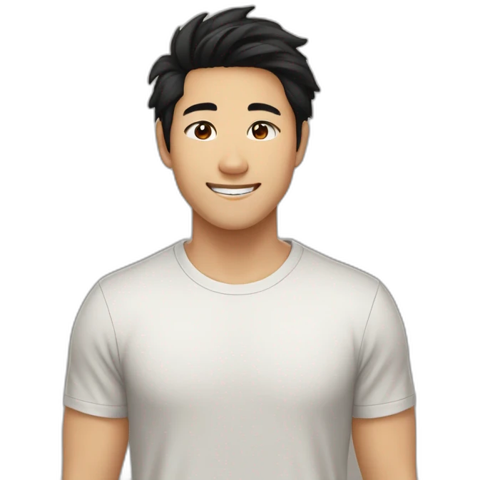 guy, black hair, medium length hair, in his 20s, very asian, smiling, t-shirt only, slight brown skin, dark brown eyes, slighty wavy hair emoji
