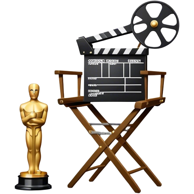 Icon for Directing: a director's chair, a film slate, a megaphone, a stage set with lights and an Oscar statuette. The icon should represent the creative and leadership aspects of directing, with focus on film and theater production. Transparent background. emoji