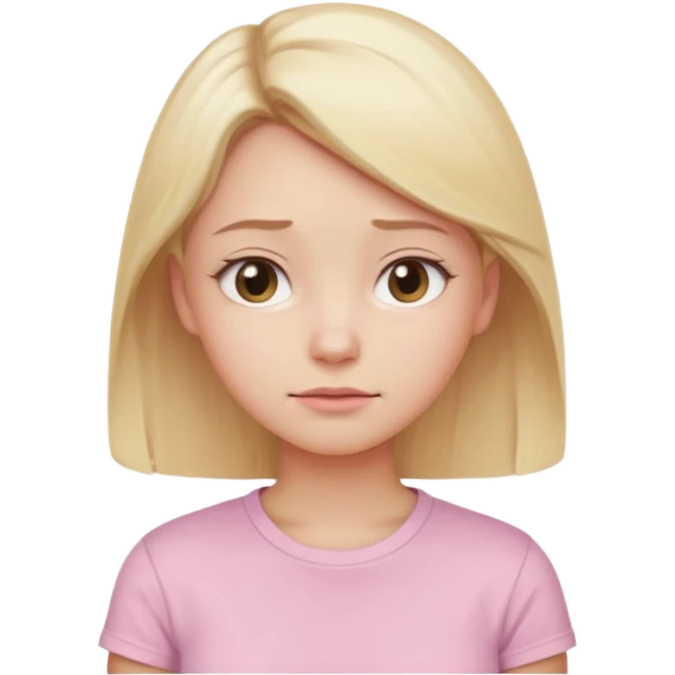 A cute emoji-style girl with light blonde hair and a soft pink t-shirt, looking thoughtfully into the distance, gentle expression, slightly furrowed brows, dreamy eyes, clean white background, simple and smooth vector-like design, pastel tones, 2D flat illustration, high clarity, emoji aesthetic emoji