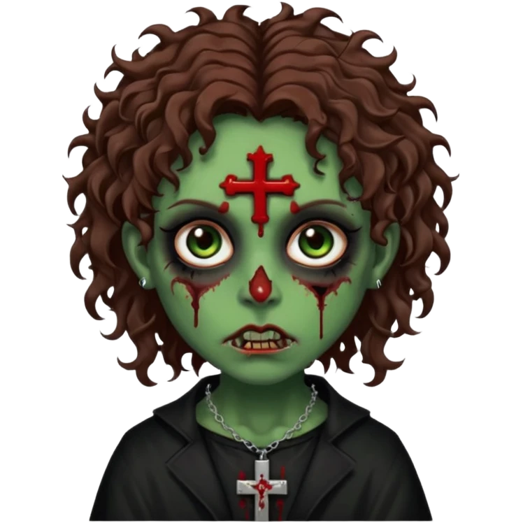 Zumbi verde com olhos castanhos aspecto de que tá sangrando, com cabelo castanho cacheado um piercing do lado esquerdo do nariz, roupa preta e crucifixo como colar, e também delineador  emoji