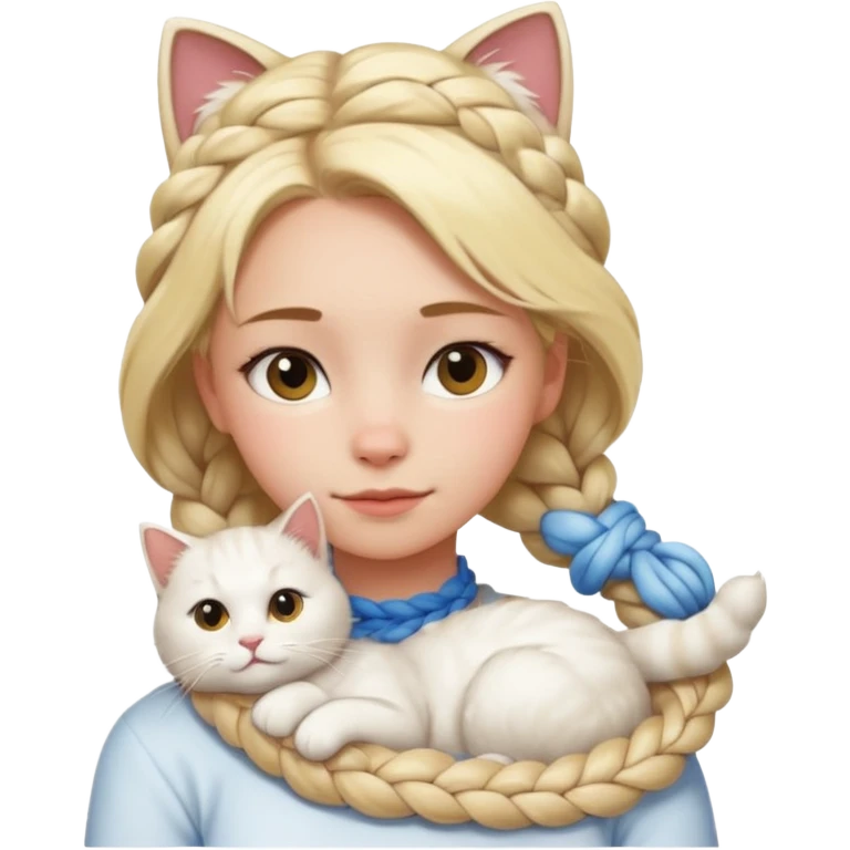 a girl with braided blonde hair, a white fluffy cat lying on her left shoulder and neck, emoji style emoji