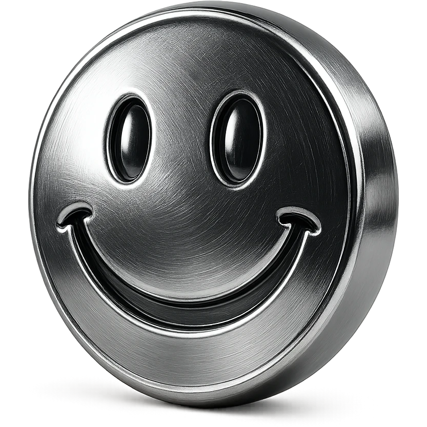 round polished chrome smiley face emoji with clean industrial metallic texture inspired by futuristic alloys metal-inspired set emoji