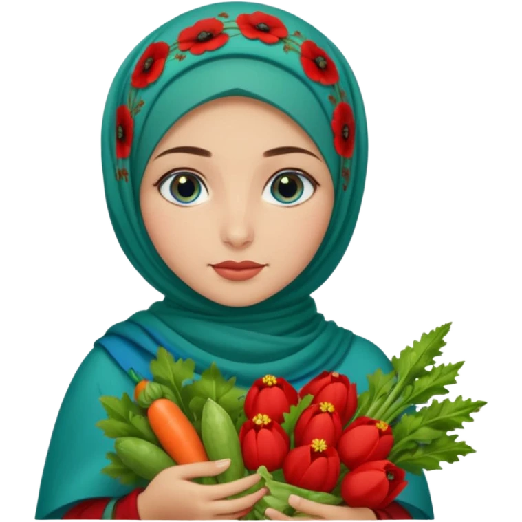 Turkish beautiful finish Konya girl blue eyes with poppy floral hijab and green red dress and she had on her hand vegetables  emoji
