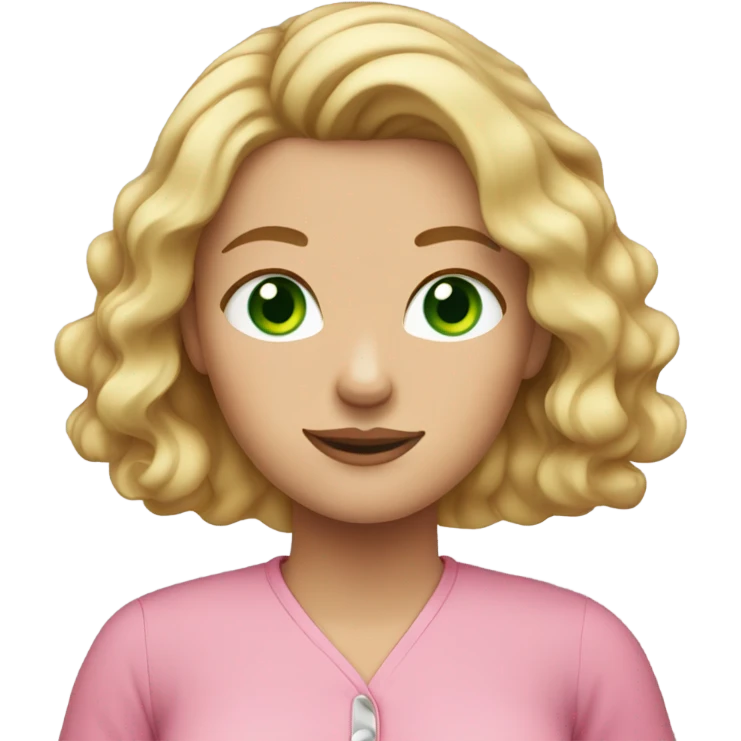 Woman with wavy blonde hair, green eyes, and freckles. Wearing pink shirt emoji