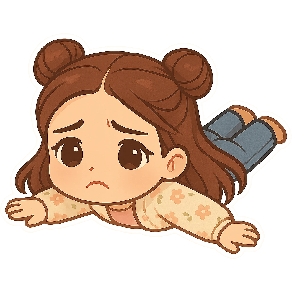 Create a chibi sticker of the girl from the reference image lying on the floor sad with arms spread. She has brown straight hair styled in double buns, brown eyes, wearing a pastel floral cardigan and jeans. The sticker should have a white outline and a transparent background, sized 512x512px. emoji