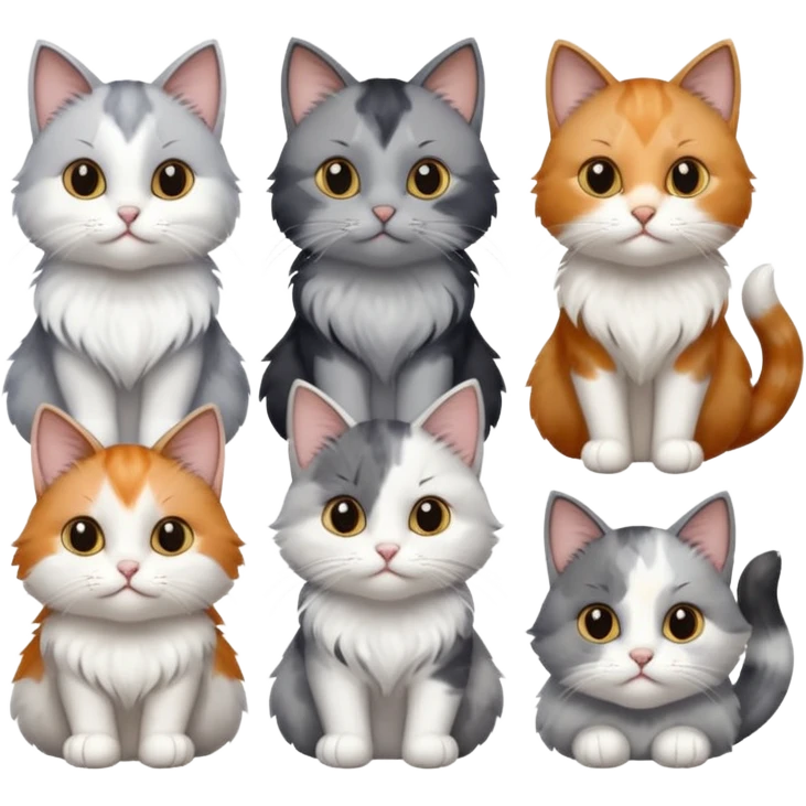 6 realistic looking cats with different natural coloured coats, assorted grey and white, greys, calico, brown and white colours etc
 emoji