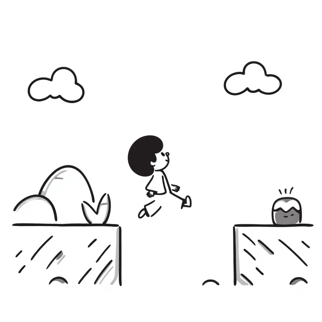 pixel art of a retro side-scrolling video game scene with blocks, platforms, clouds, and a character jumping, 8-bit Game Boy style, Mario world emoji