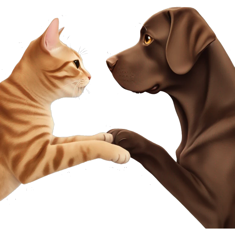 A chocolate lab and a brown tabby cat hi-fiving emoji