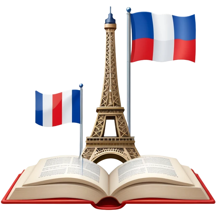 An icon featuring the Eiffel Tower and the flag of France, symbolizing the French language. The design includes an open book with French text, representing language learning and French culture. Transparent background highlights the elegance of the French-speaking world. emoji