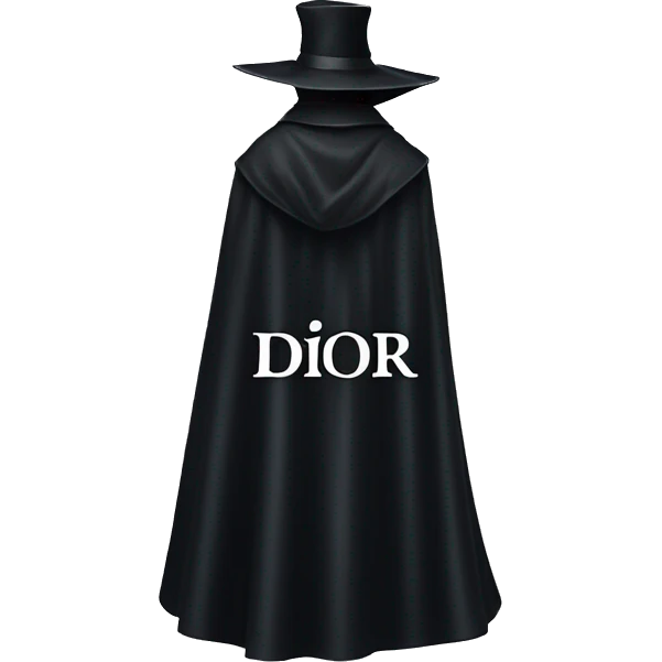 back profile of black magician, cape that says Dior, text Dior on the cape emoji