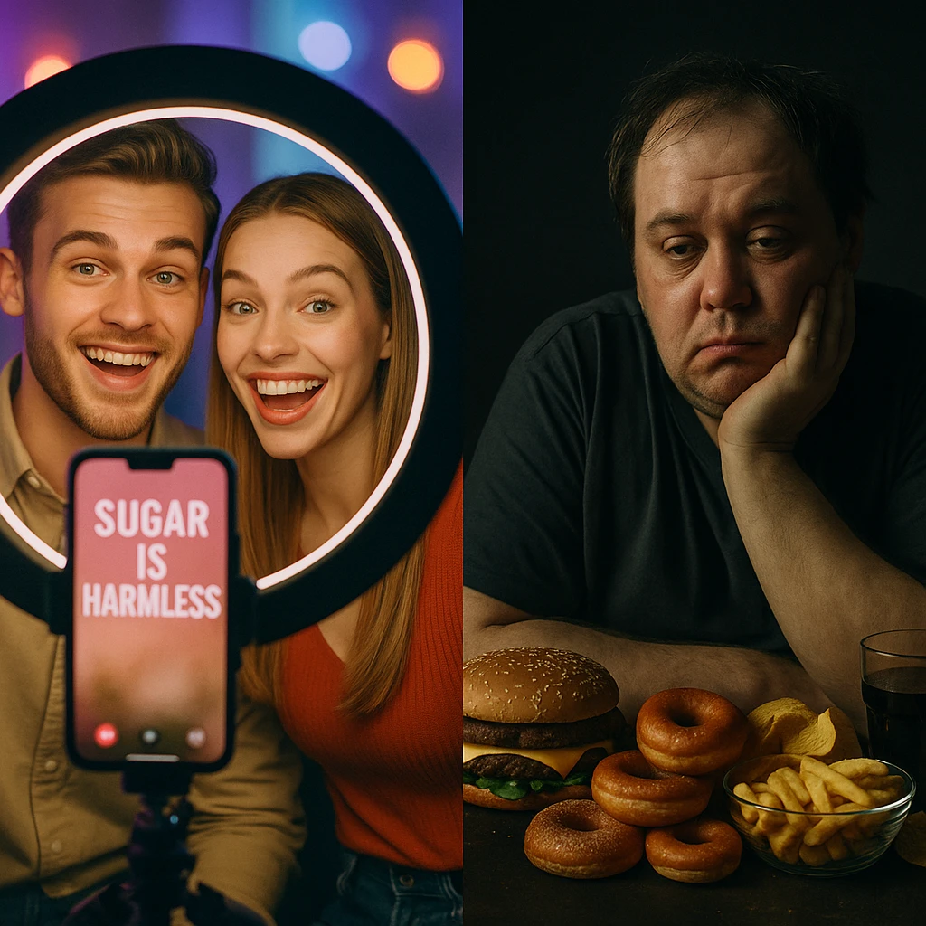 symbolic split scene: on one side, smiling confident influencers on smartphone saying sugar is harmless, bright lights, vibrant colors, filters; on the other side, tired swollen person surrounded by junk food, dark and shadowy environment; contrast between misinformation and hidden truth; cinematic style, dual lighting bright vs dark, social critique tone, 4K quality emoji