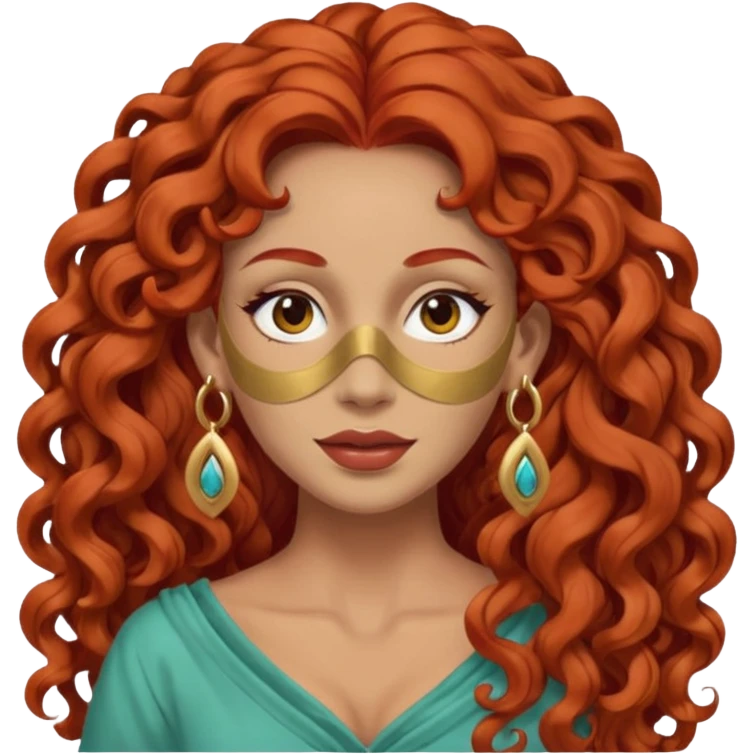 red haired very long curly haired woman with full face clay mask  and big earrings  emoji