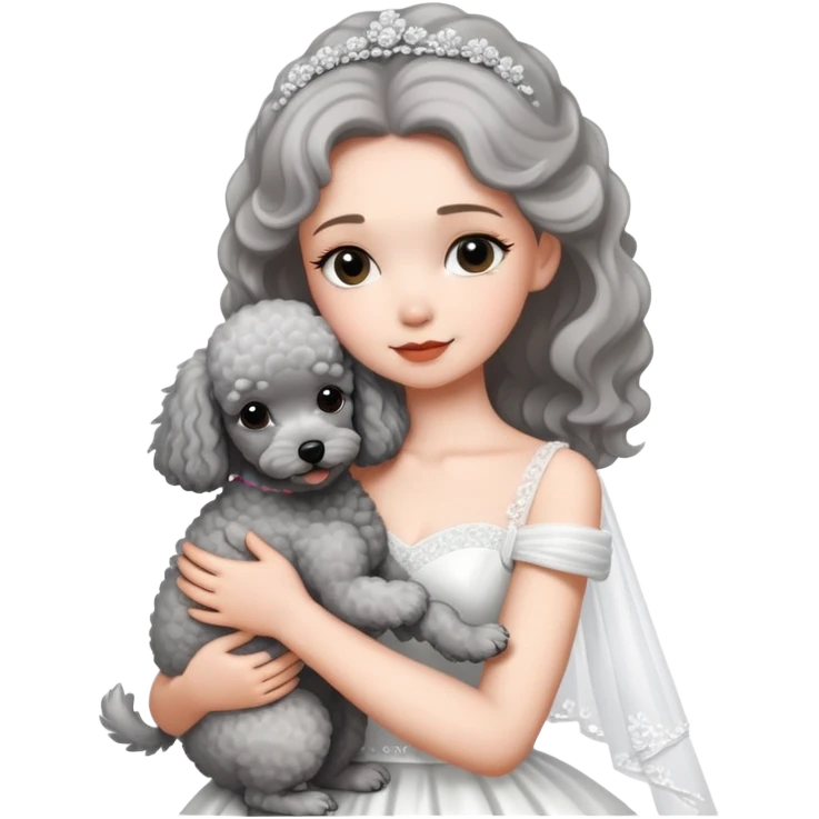 beautiful girl in a wedding dress hugging a small gray poodle emoji