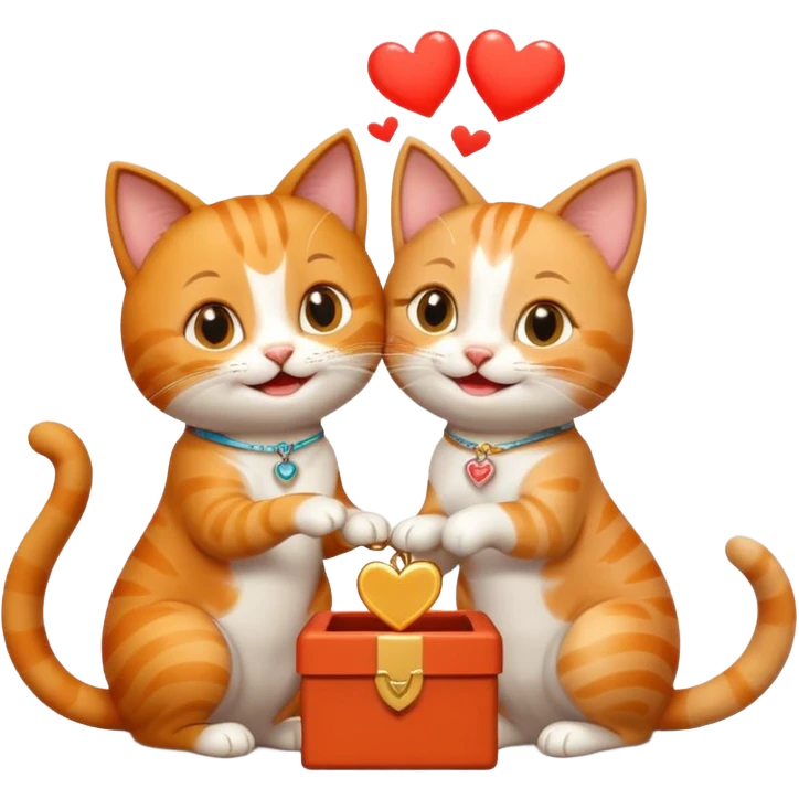 one happy cat proposing marriage to another happy cat, both cats smiling, with a ring box, playful and cute, emoji style emoji