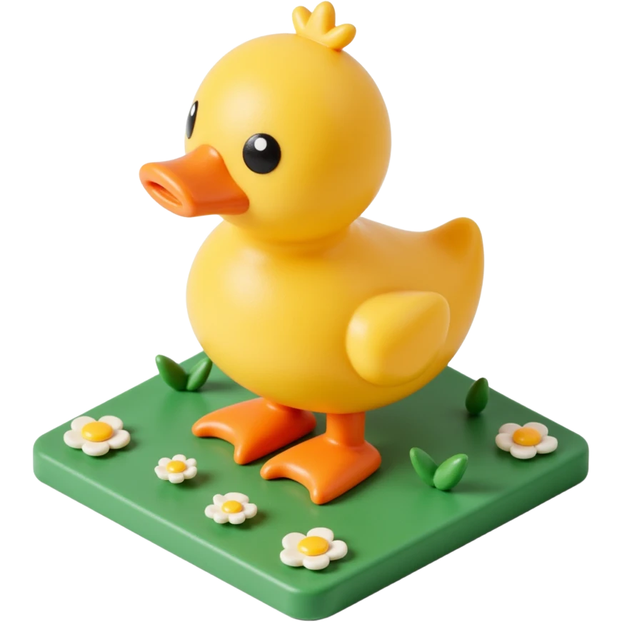 A toy duck standing on a green plot / base with small flowers emoji