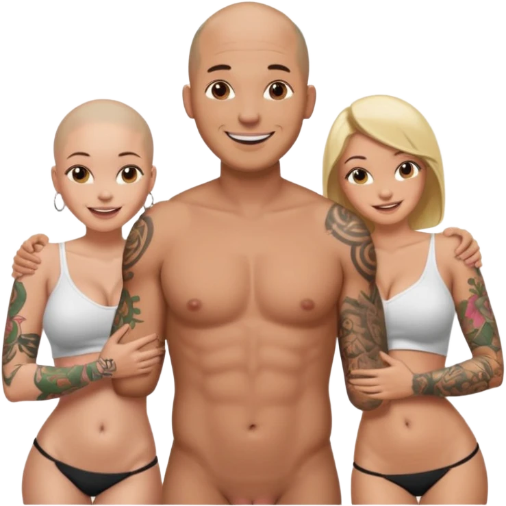 throuple tattooed sleeves bbald male with topless naked big boobed brunette and topless naked big boobed blonde girlfriends  loving  and sexy polygamy naughty  emoji