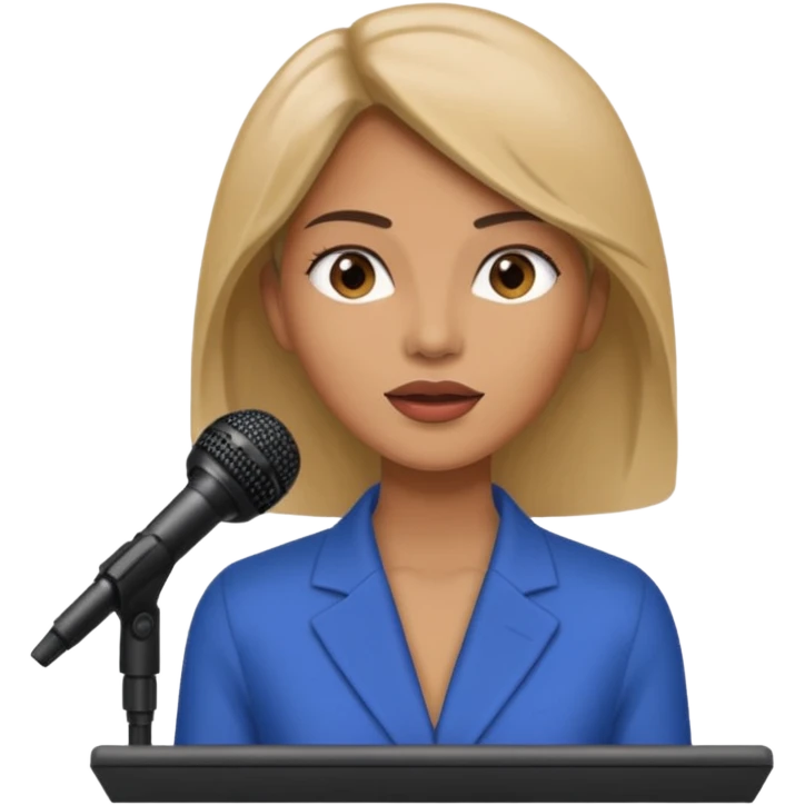 A woman speaks into a microphone, and there is a prompter screen in front of him. emoji
