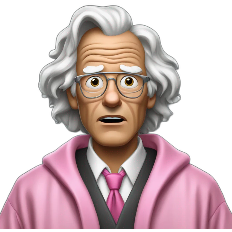 Doc Brown BTTF looking shocked and his mouth wide open. No eye-ware. Wearing a dark-silver bathrobe with black trim. Underneath the robe, there is a pink collard-shirt with a WHITE necktie. emoji