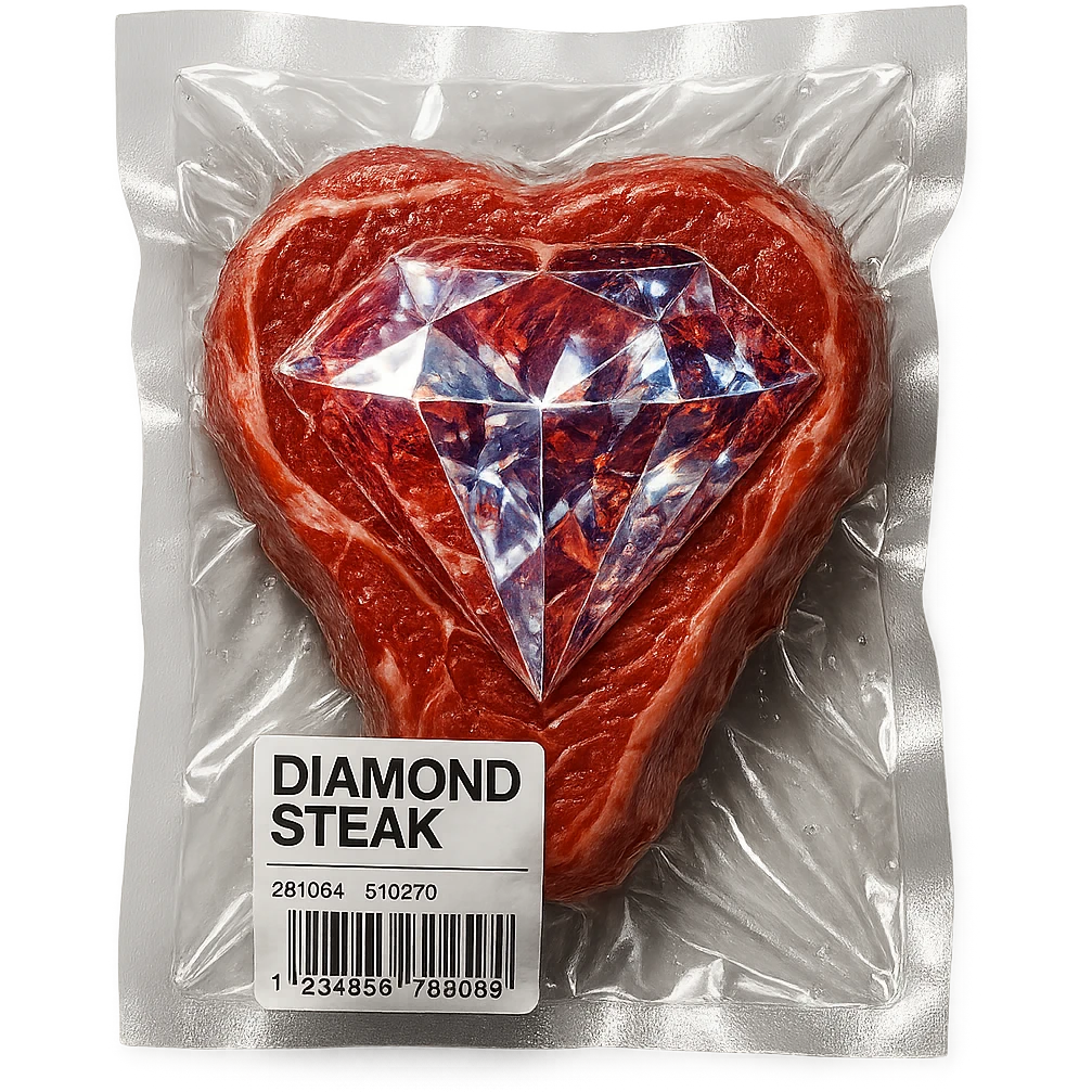 meat steak with sparkling diamond facets, glossy and puffy, vacuum-sealed style emoji