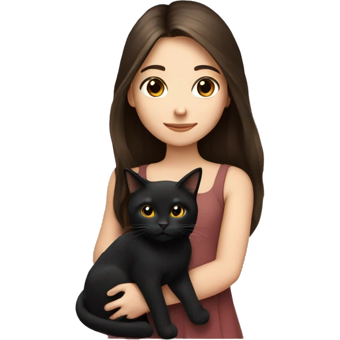 Brunette girl with long hair and brown eyes and fair skin holding a black cat emoji