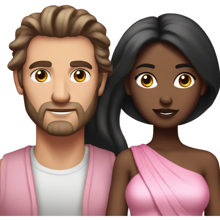 A handsome pale Greek god man who has long brown hair and tanned skin with a pretty black skinny tall model woman who has long black hair and she is wearing a pink dress and they are a couple emoji