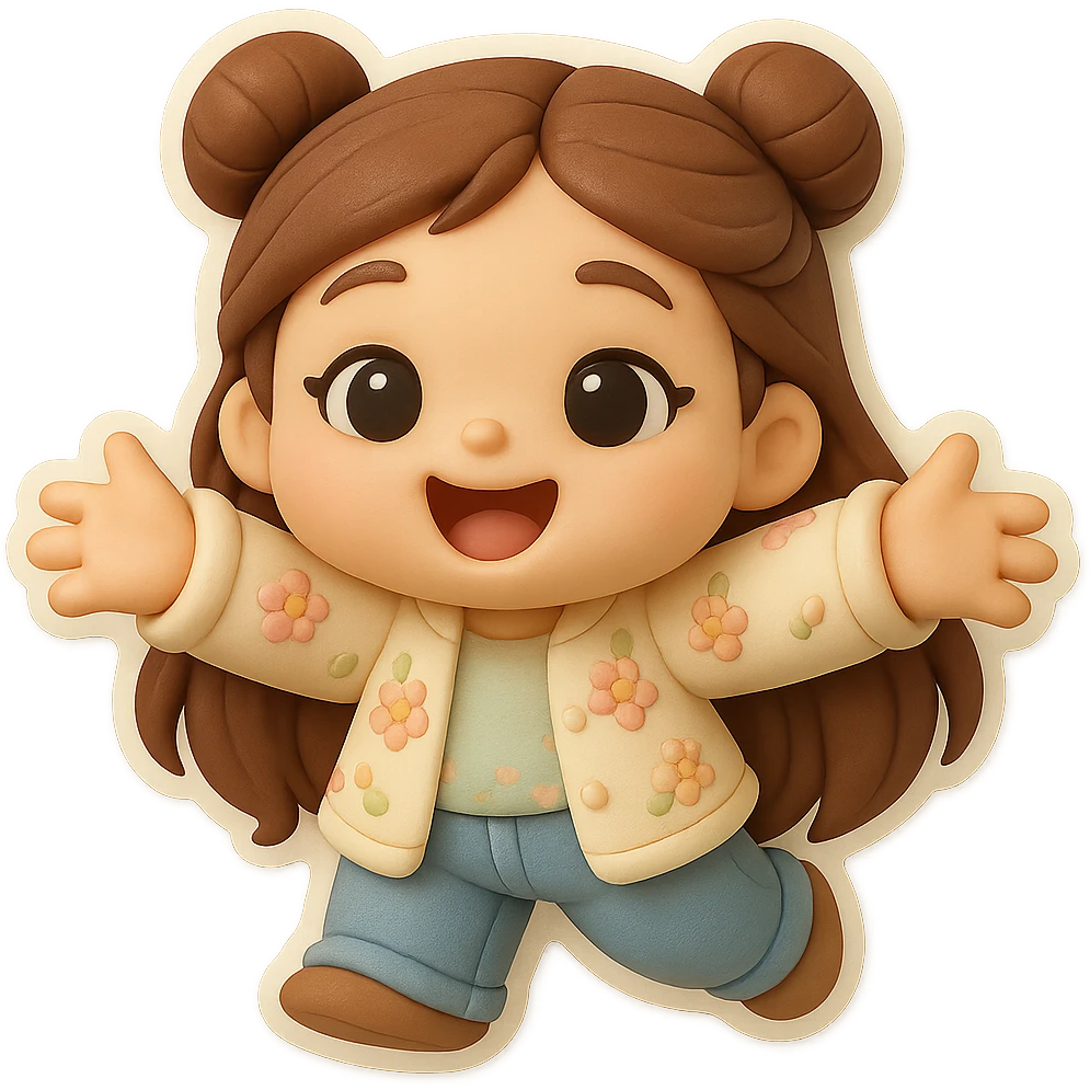 3D chibi fondant cake art style, high-quality rendering with smooth shadows and soft gradients. Girl based on reference image (preserve facial features), long brown hair in two space buns, brown eyes, jeans, pastel floral cardigan, thick white outline like a sticker, transparent background. Reaching out both arms for a joyful hug. Make sure her appearance matches previous stickers. emoji