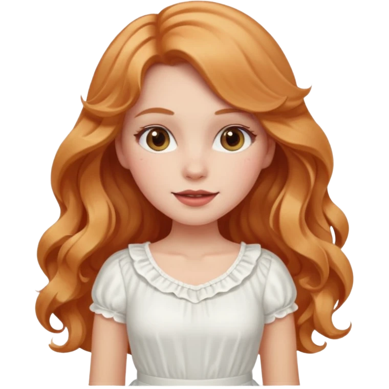 white girl with strawberry blonde super long wavy hair, white skirt, blushed cheeks emoji