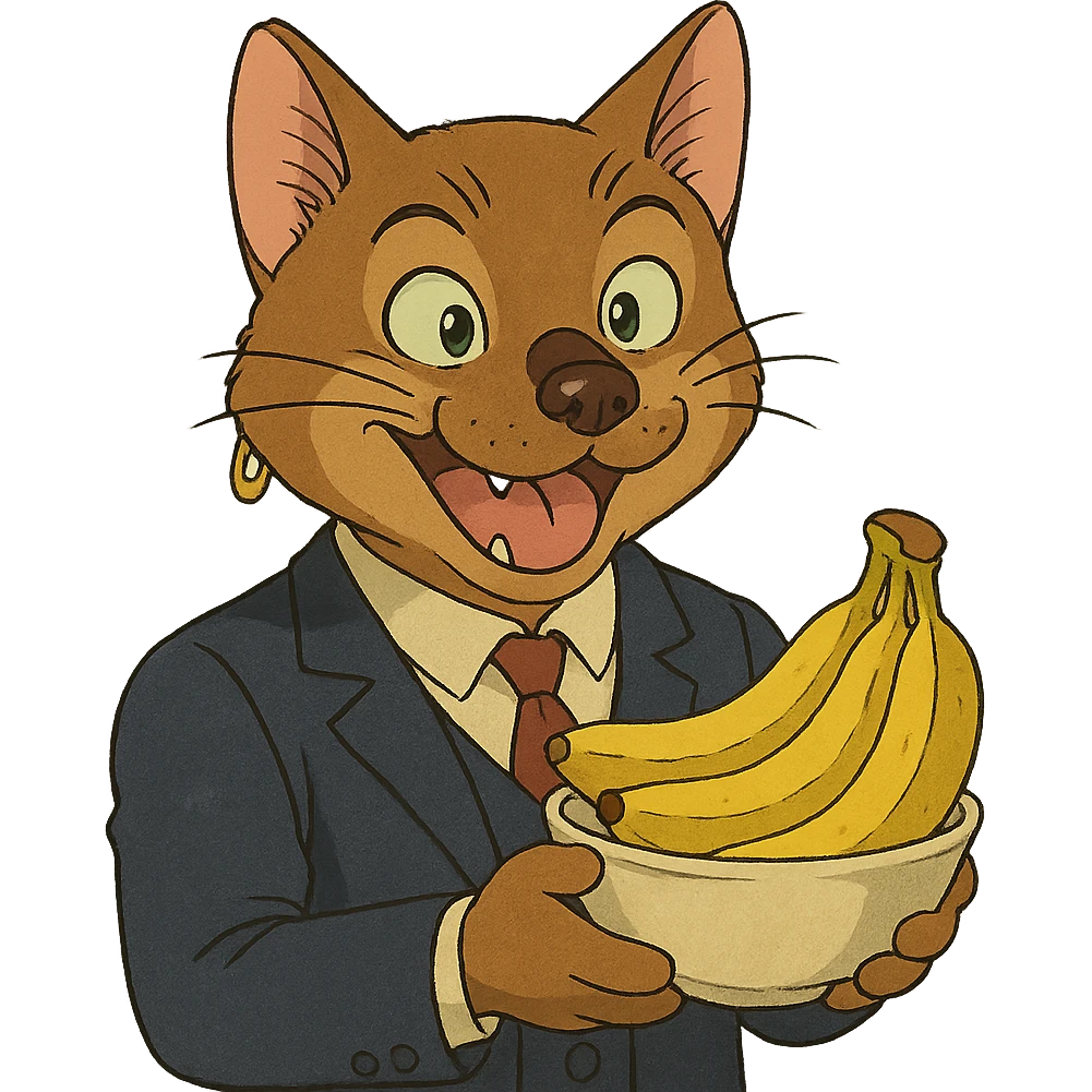 ghibli style cat with a dog nose, wearing a suit, earring, holding a cup of bananas, playful expression emoji