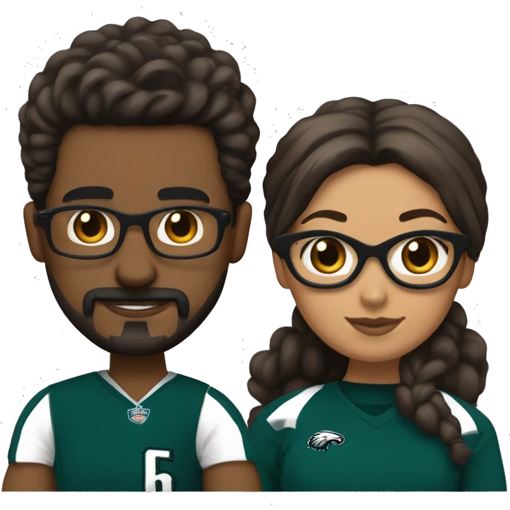 Brown skin couple in Philadelphia Eagles clothing guy has a beard and mustache girl has her hair in a bun and only the girl has on glasses emoji