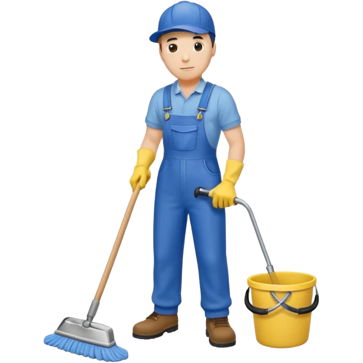Custodian with yellow rubber gloves, blue overalls mopping floor emoji