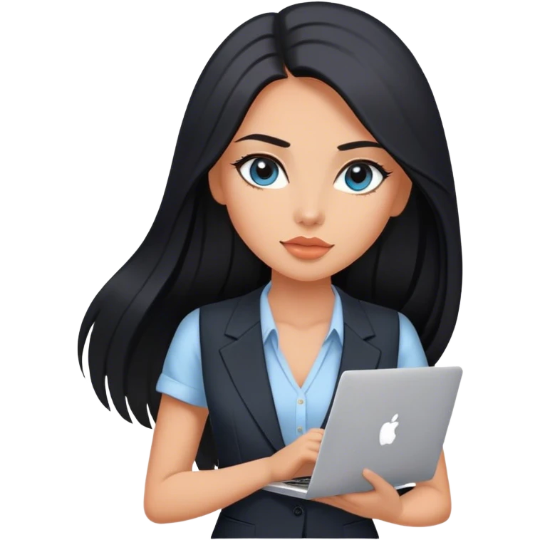 Glamours tanned very beautiful girl with pump peach nude lips and black straight smooth long hair, blue-grey eyes in beautiful v-neck black vest from the suit (short sleeves) with MacBook emoji