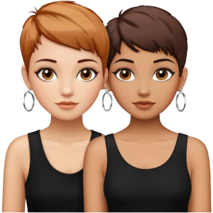 Puerto Rican fair skin straight brown pixie cut hair with hoop earrings make up and my best friend caramel colored pixie cut with jewelry and makeup on her face besties side-by-side wearing black  emoji
