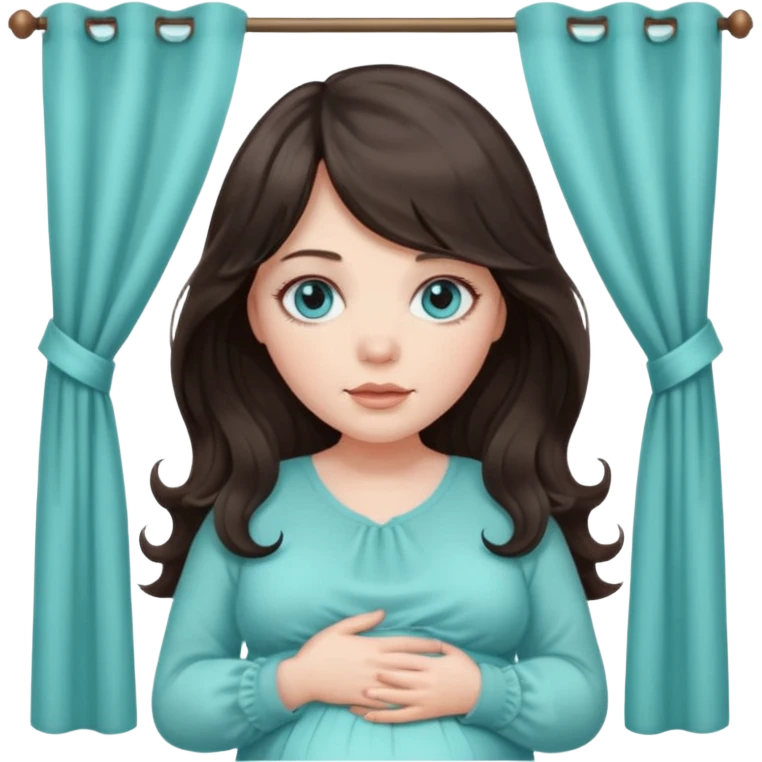 pregnant women, long dark brown wavy hair with curtain bangs, pale skin and grayish aquamarine coloured eyes emoji