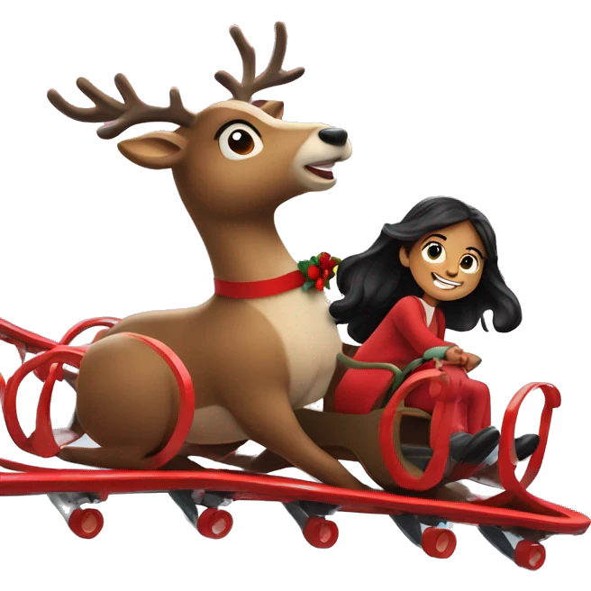 Reindeer with red wreath riding roller coaster with little girl long black hair emoji