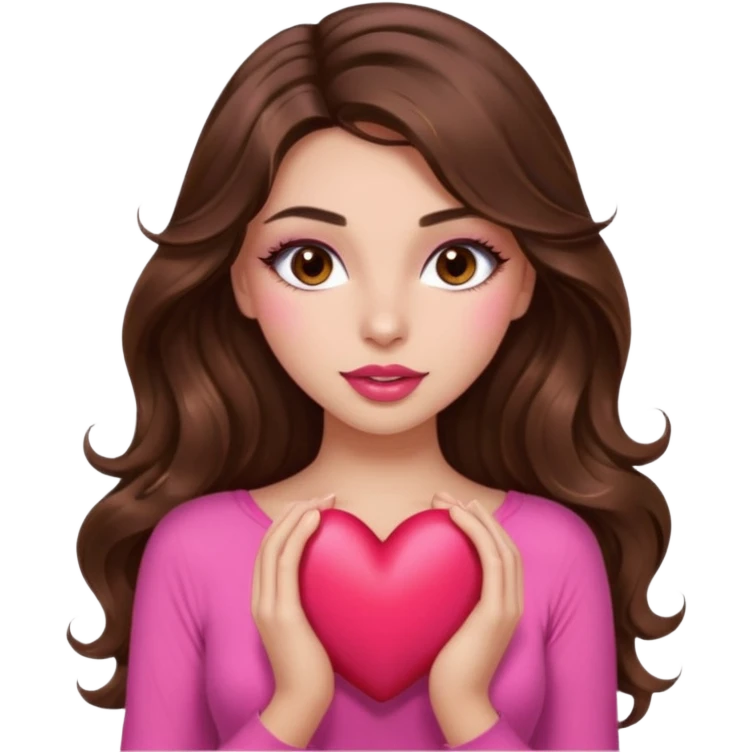 girl with long wavy brown hair, brown eyes, long lashes makeup, sexy pink lips, light to medium complexion, wearing a pink sexy top, squeezing a big heart emoji
