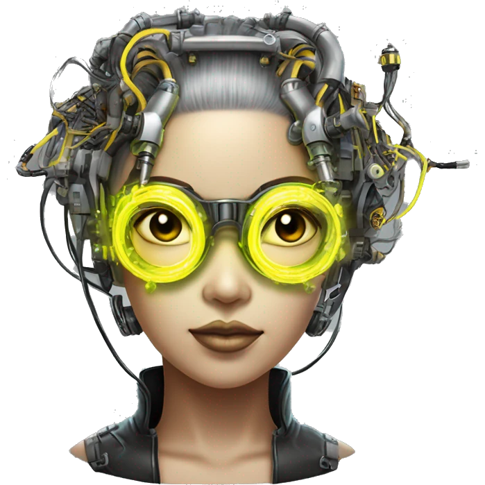 Neon yellow bobbed hair Asian female cyborg head with silver steampunk goggles and circuits emoji