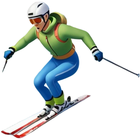 An icon featuring snowy peaks, pine trees, and a picturesque mountain landscape with a skier racing down a snow-covered slope. The sky is blue with soft clouds, capturing the thrill and beauty of alpine skiing. Transparent background highlights the excitement and serenity of winter sports. emoji