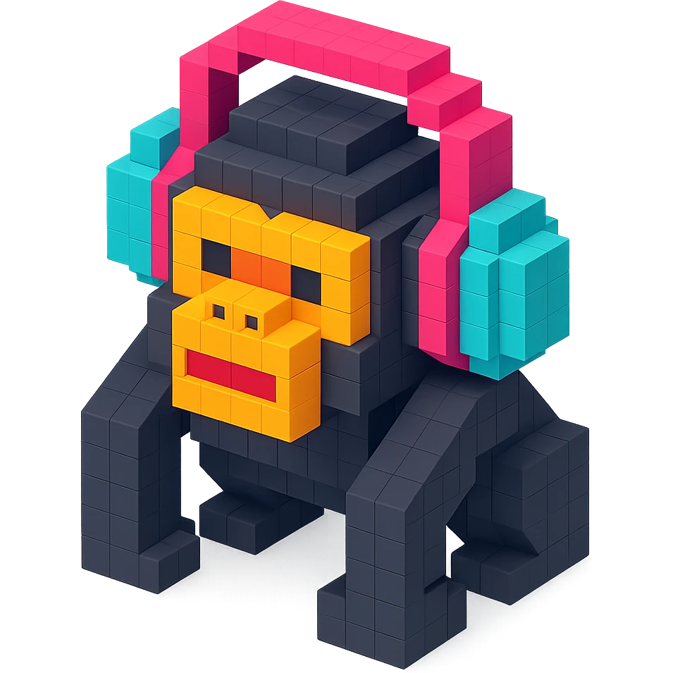 voxel style gorilla wearing large over-ear headphones, isometric view emoji
