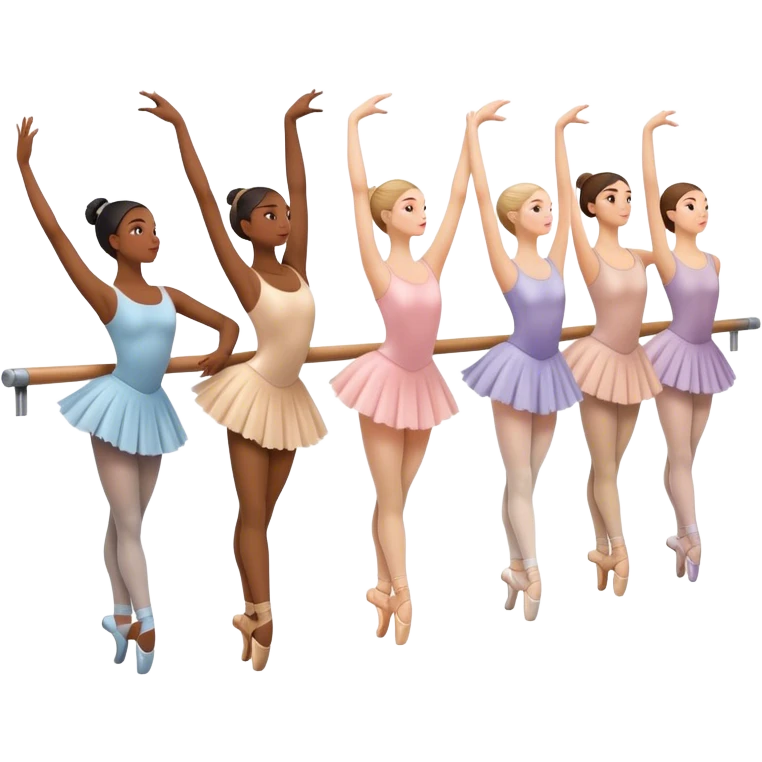 "Icon for Choreography: a group of dance students stretching, holding one hand on a long barre along the wall. The icon should capture the disciplined and graceful nature of ballet practice. Transparent background. emoji