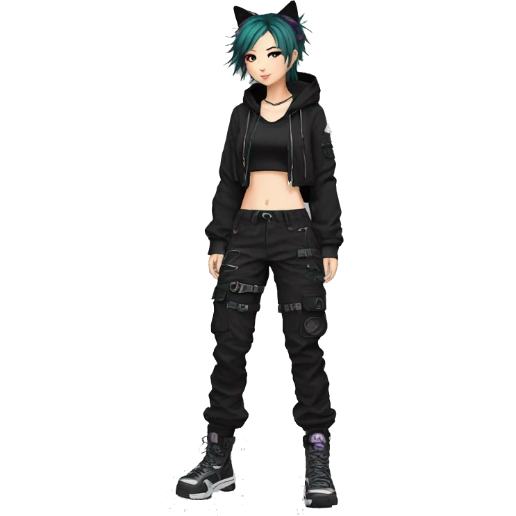 Edgy anime punk tomboy with cat ears techwear cargo pants hoodie emoji