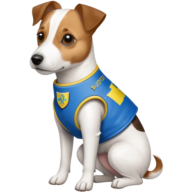 jack russell terrier in a bulletproof vest with ukrainian flag patch and name "PATRON" emoji