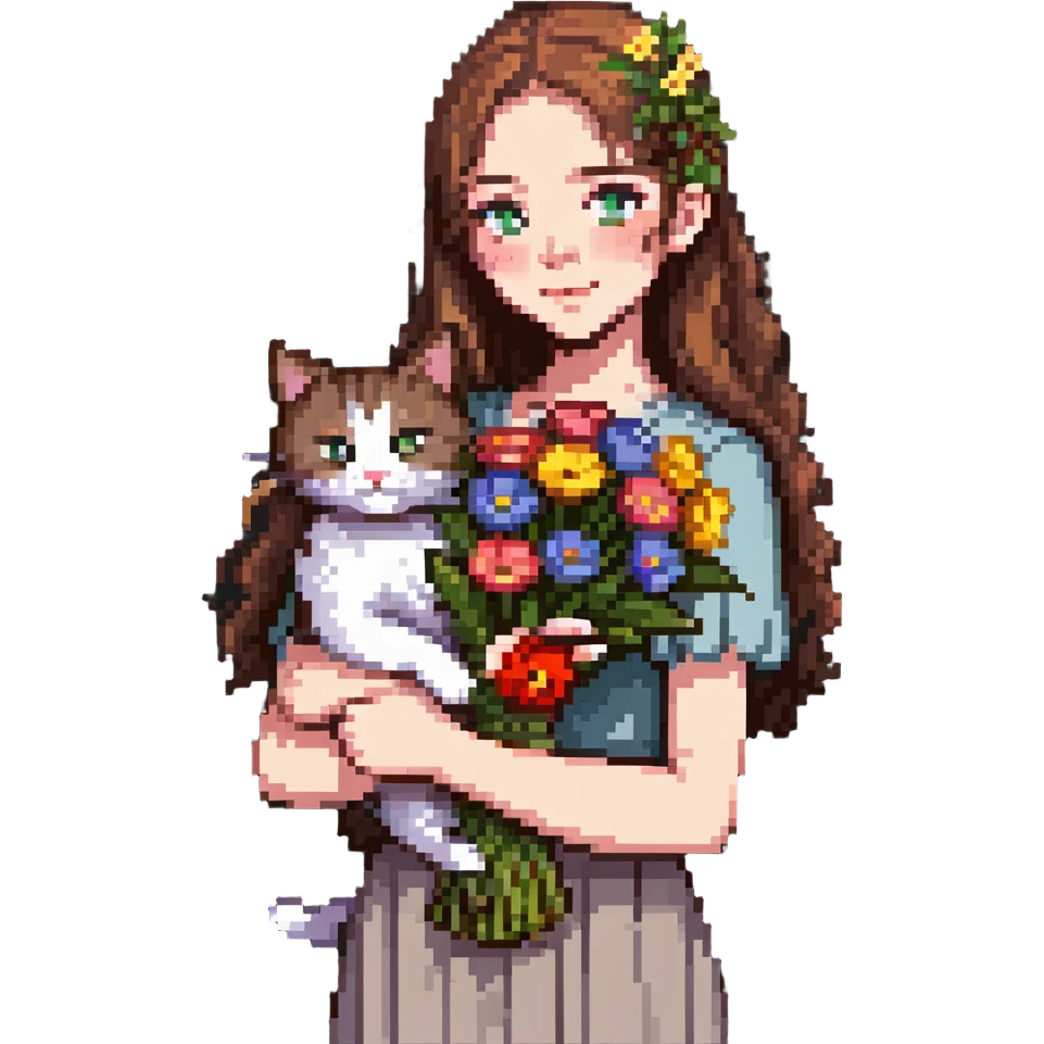 A cool girl with long brown hair and fair skin tilts her head and holds a bouquet of flowers and a cat emoji