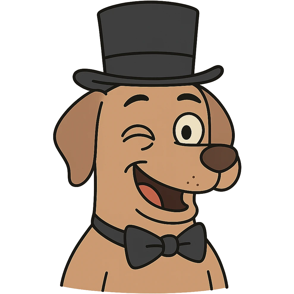 dog with a tophat, flat toon style, winking emoji