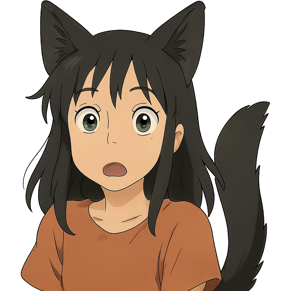 a surprised girl with huge green eyes, black fox ears, and a tail, dark hair emoji