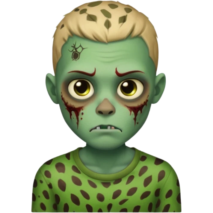 Zombie boy with green skin and sleepy eyes and scars on his face and a shirt that has cheetah texture emoji