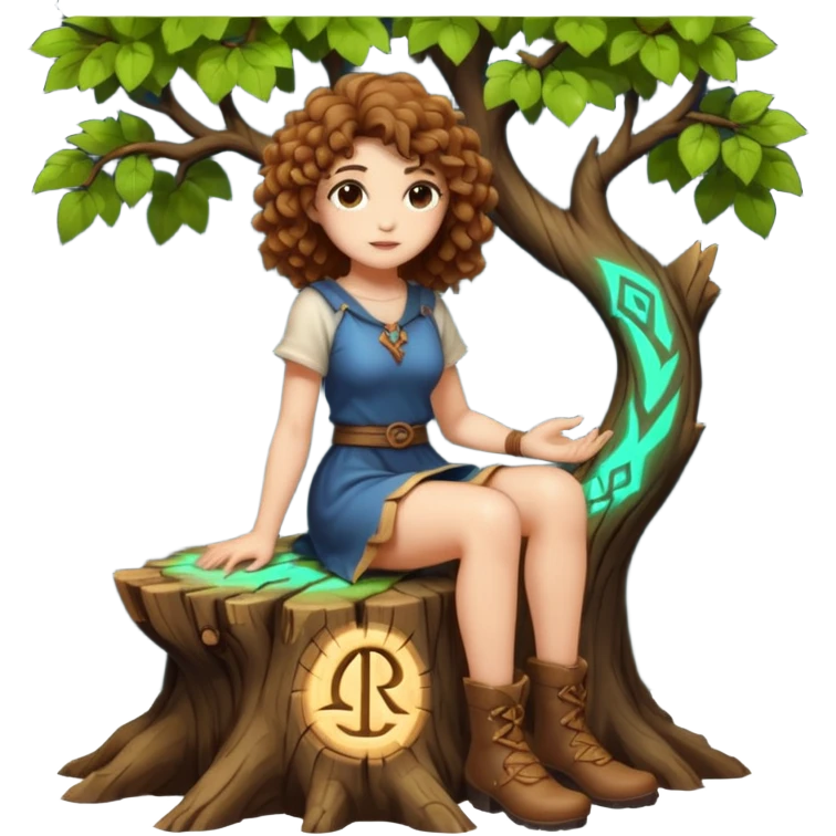 full body woman short curly brown mullet hair brown eyes white skin sitting on tree stump carving glowing rune emoji