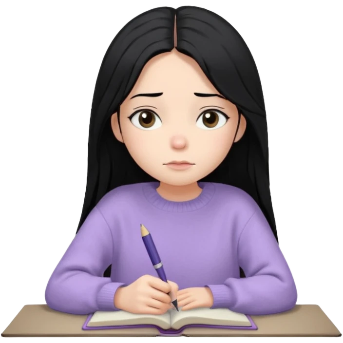 Maret – Cewe Overthinker/SENSITIF Kulit putih pucat lembut, rambut hitam panjang lurus agak messy, belah tengah. Pakai sweater lavender terang oversized. Duduk, pegang jurnal & pulpen, tatapan kosong mikir. emoji