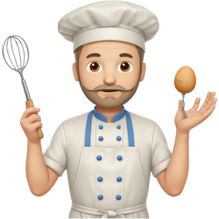 Middle aged male pastry chef - with a small beard, apron, white hat, holding an egg beater in his right hand, and his left hand naturally hanging down to his side emoji