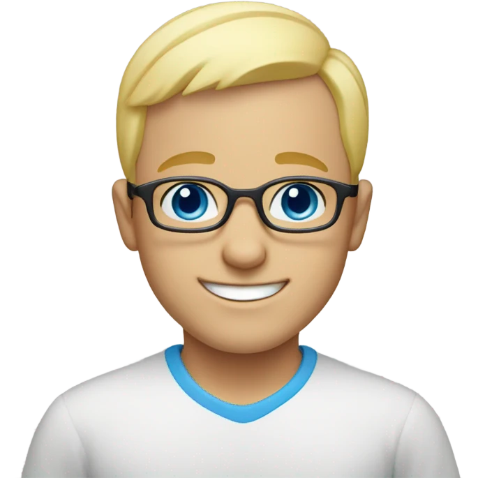 bald blonde boy smiling at viewer with blue eyes and glasses emoji