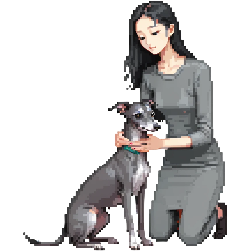 Slim Chinese girl with long black hair petting a dark grey Italian greyhound with a visible grey chest, no white markings anywhere emoji